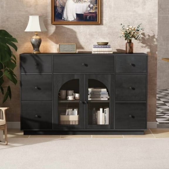 YINGYING Modern Sideboard Buffet Cabinet, 55.1Natural Wood Coffee Bar Cabinet with 7 Drawers & Glass Doors Credenza for Living Room, Entryway, Dining Room