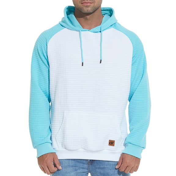 Satankud Men's Pullover Hoodies Plaid Jacquard Color Block Long Sleeve Casual Hooded Sweatshirts with Kanga Pockets White/Sky Blue L
