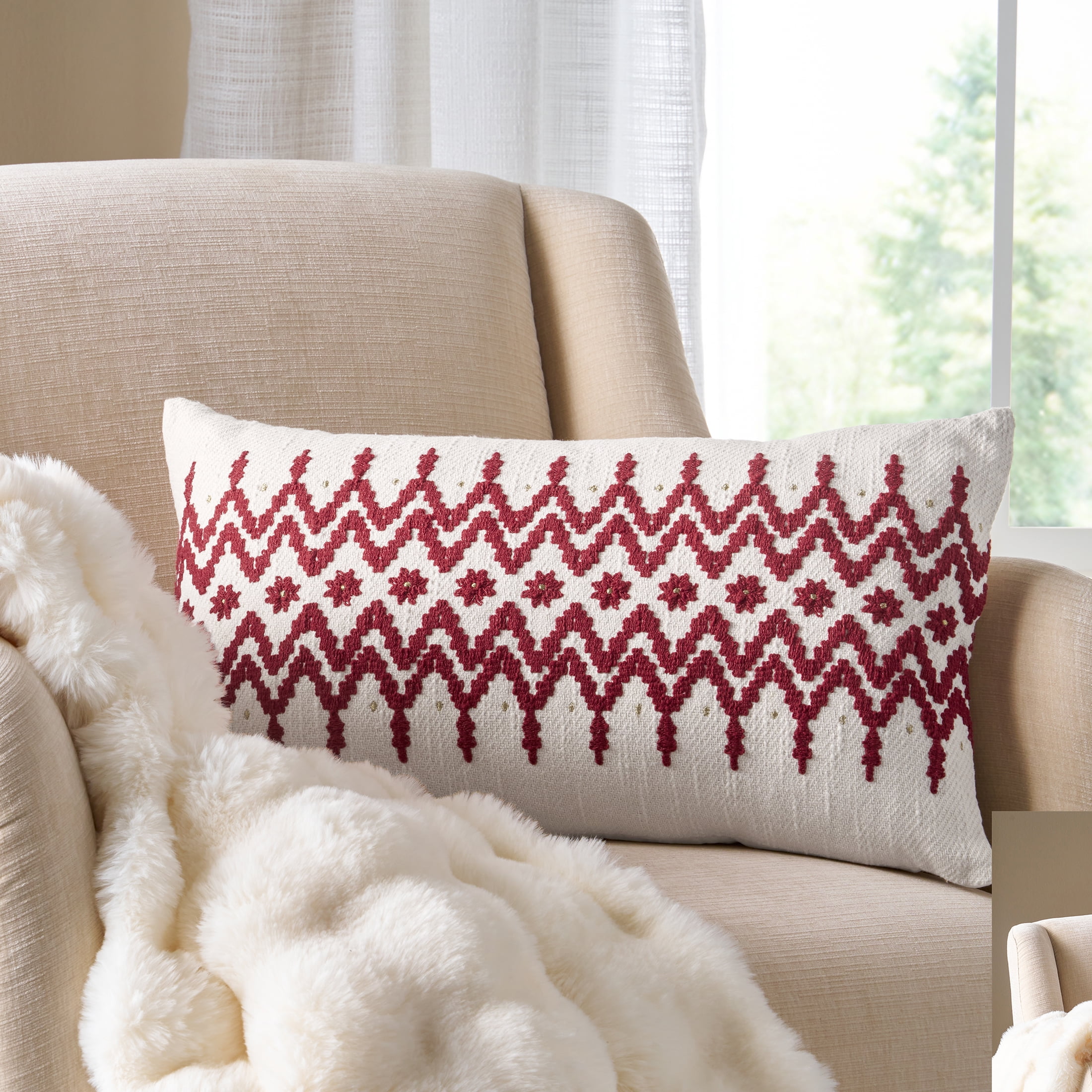 BHG 14 in x 24 in Embroidered Fair Isle Throw Pillow, White