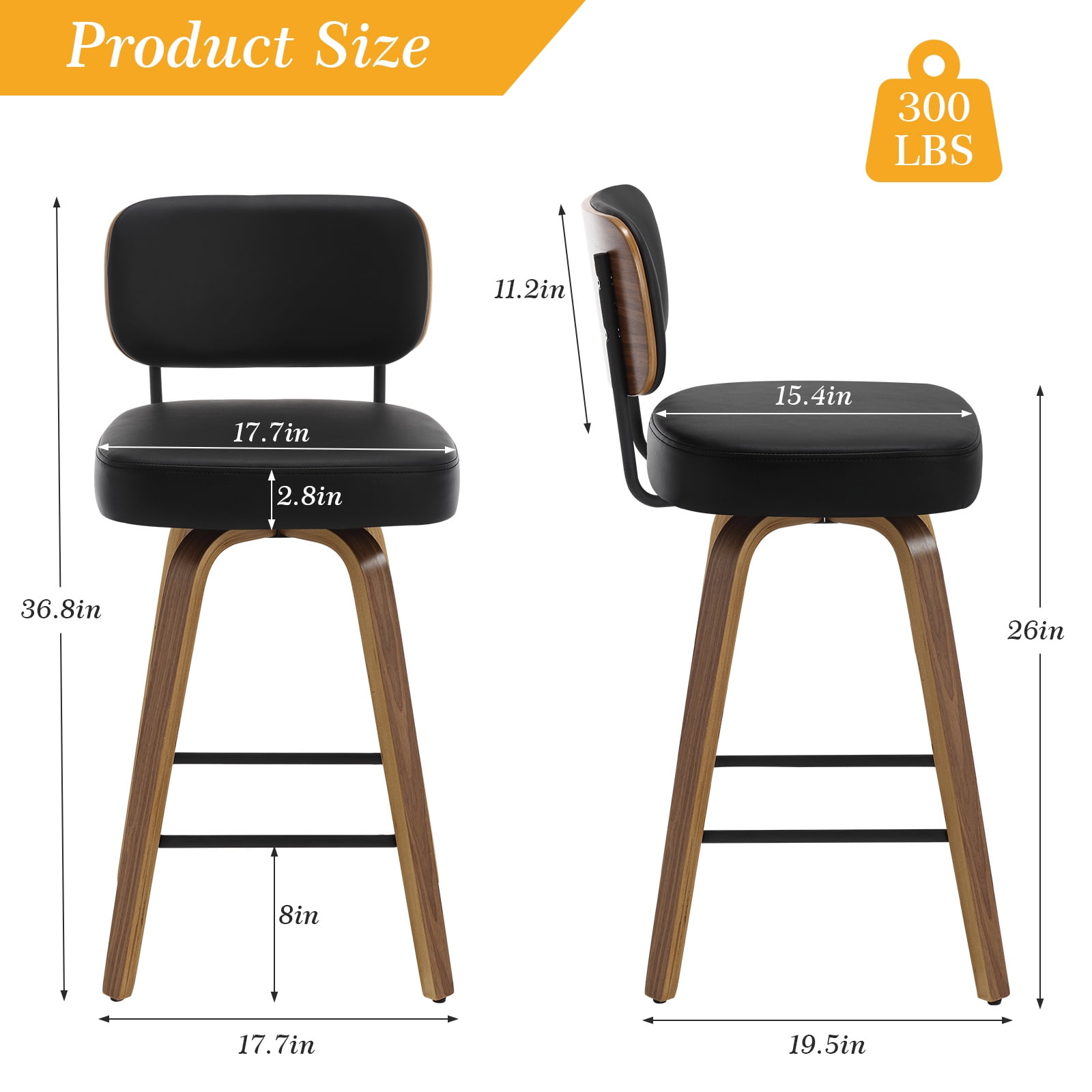Swivel Counter Height Bar Stools, Set of 4, 26" Upholstered PU Leather Barstools with Back Wood Legs, Mid Century Modern Bar Chair Island Stool for Kitchen Counter, Black