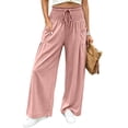 thumbnail image 2 of CQONEPT Smocked Waist Pants for Women Wide Leg Fall Casual Lounge Pant High Waisted Palazzo Ruffle Full Length Soft Trousers with Pocket Pink M, 2 of 7
