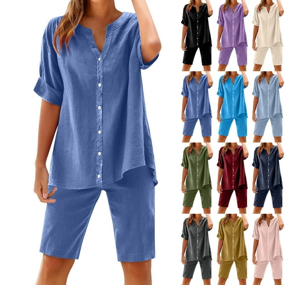 AKAFMK 2 Piece Linen Set for Women Summer Casual Long Sleeve V Neck Shirt Linen Pant Suits Loose Beach Vacation Outfits