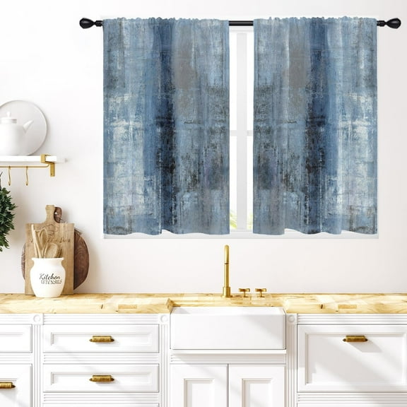 Abstract Blue Kitchen Window Curtains 27.5 x 39 Inch Small Short Mini Cafe Rod Pocket Dark Navy Gray Grey Watercolor Living Bedroom Room Home Treatment Set of 2 Curtain Panels Drapes Tiers