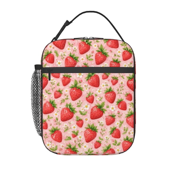 Pink Strawberry Lunch Bag Reusable Thermal Lunch Box with Handle for Women and Men