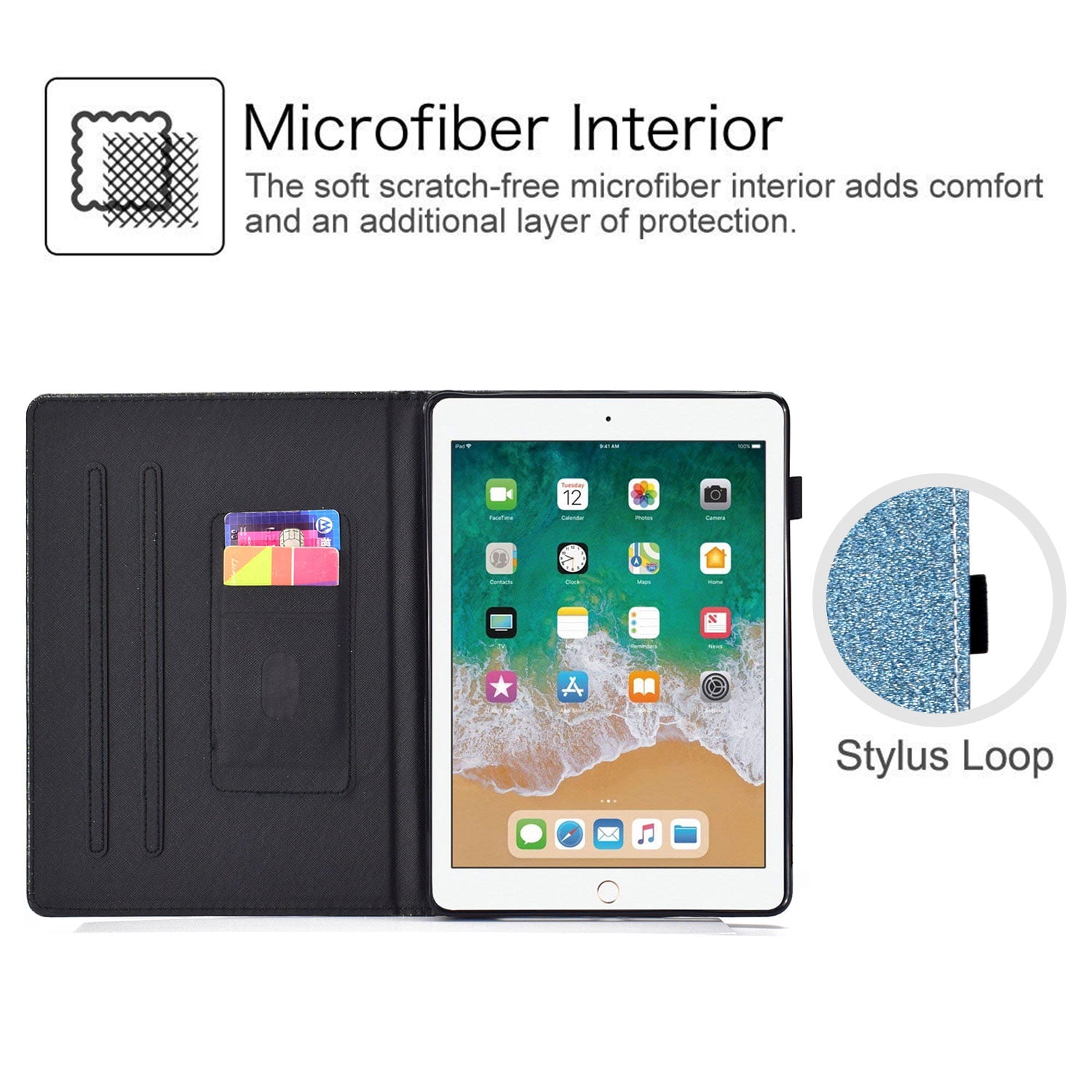 iPad 9.7 2018/2017 Case with Pencil Holder, iPad Air 1 2 Case, Allytech Glitter Leather Folio Kickstand Shock-Absorbing Auto Sleep Wake Case for Apple iPad 9.7 6th/5th Generation, iPad Air 1 2, Blue