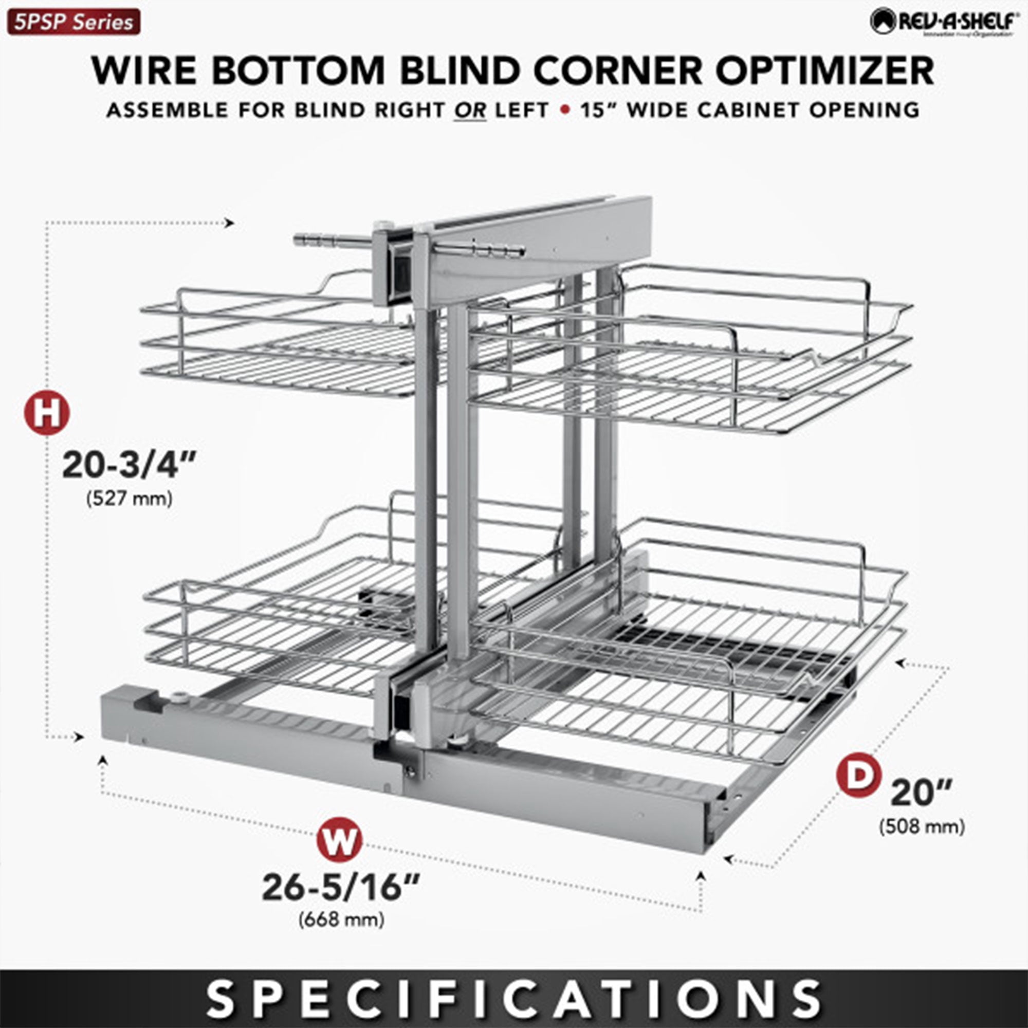 Rev-A-Shelf Chrome 2-Tier Wire Optimizer for 15" Blind Corner Cabinet Openings, 5PSP-15-CR