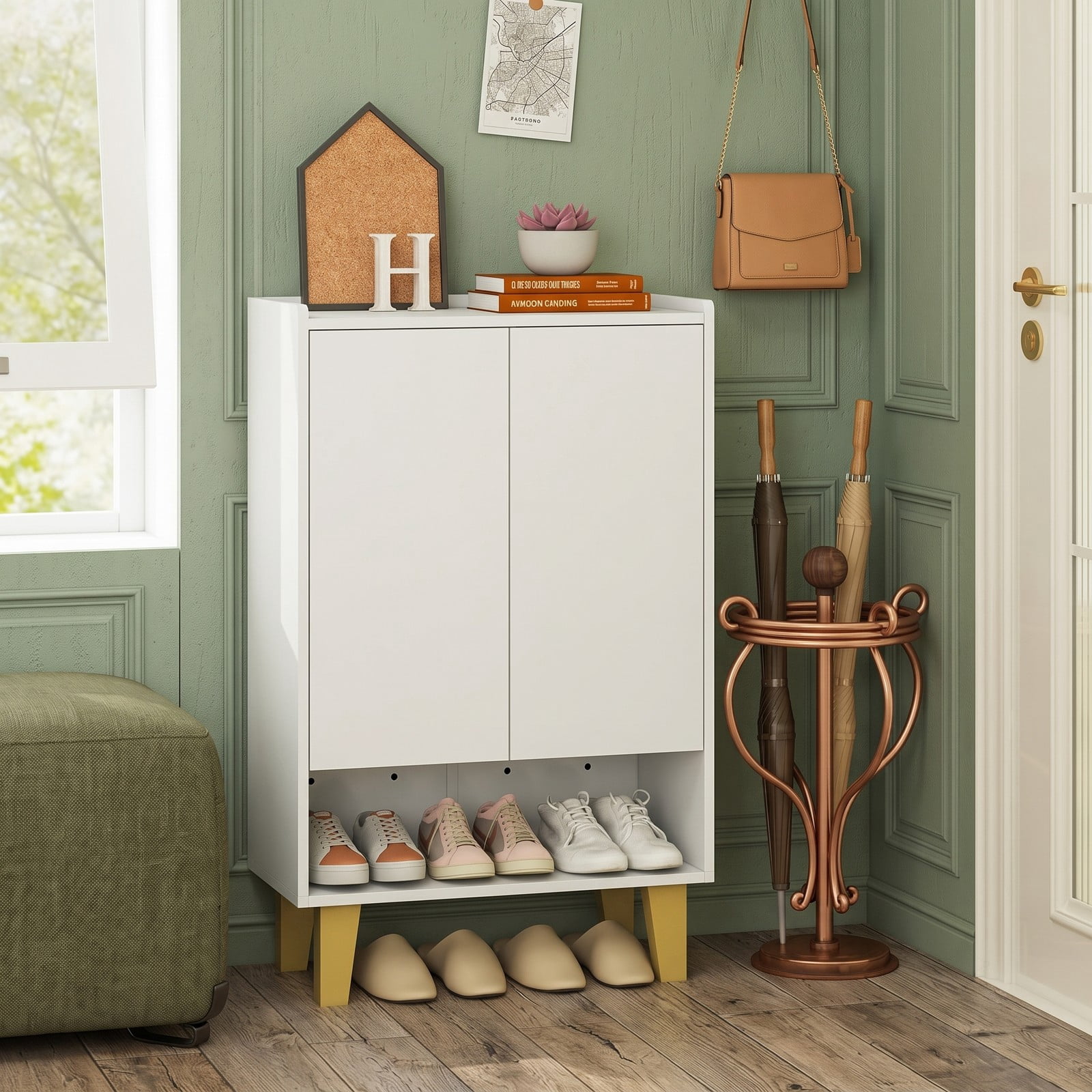 Furnibear 5-Tier Shoe Cabinet with Faux Marble Countertop and Flat Tilting Shelves for Entryway and Hallway, White and Gold