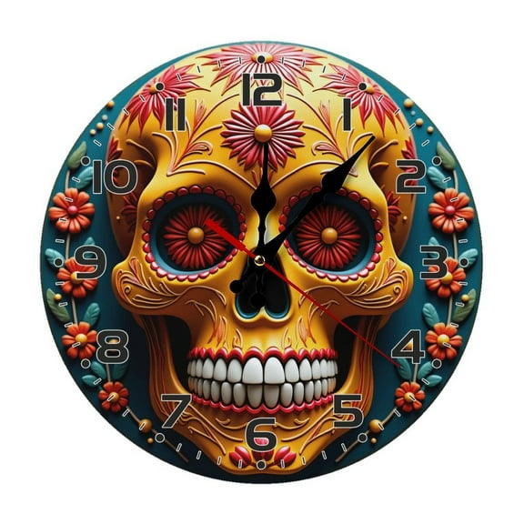 Skull Sugar Mexican Art Wall Clock 10 Inch Silent Non Ticking Round Wooden Clock Decoration for Living Room Kitchen Bedroom Bathroom Office Classroom