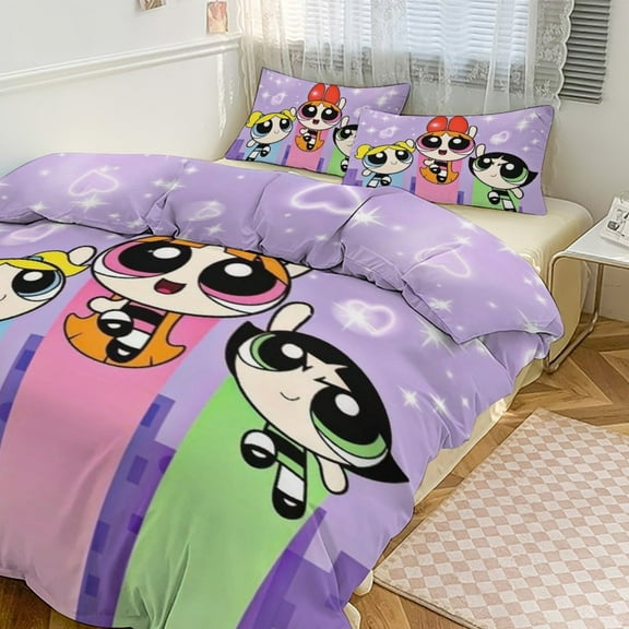 The Powerpuff Girls 3 Pieces Bedding Set 3D Printed Lightweight Bed Quilt Set Comforter Cover Set for Girls Kids Teens, 1 Quilt Cover 2 Pillowcases 86"x70"