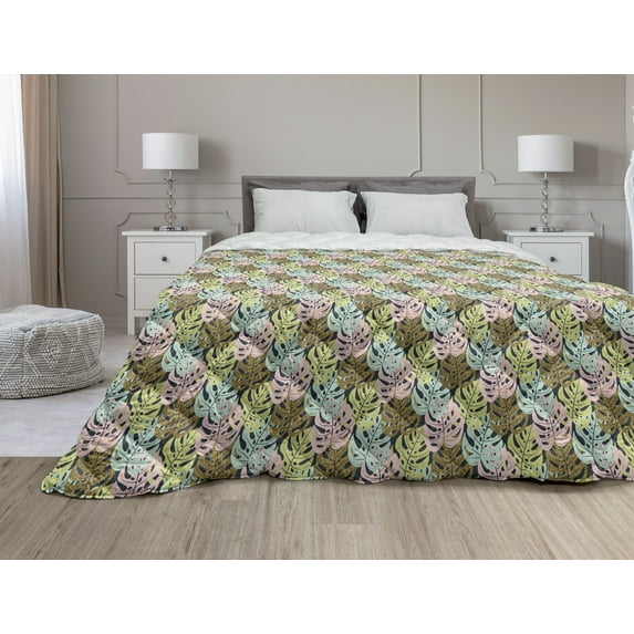 Leaves Down Alternative Comforter, Tropical Theme Exotic Motifs Colorful Dotted Mosntera Leaf Pattern Art Print, Microfiber Quilt for All Season, 5 Sizes, Multicolor, by Ambesonne
