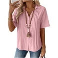 thumbnail image 4 of QIUOMBBP Short Sleeve Button Down Tops for Women Linen Solid Color V Neck Pleated Shirts Loose Lightweight Summer Casual Tees Pink XXL, 4 of 7