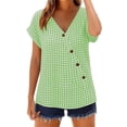 thumbnail image 2 of Favoffer Women's Plaid Pullovers V Neck Short Sleeve Button Placket Grid Weave Loose Silhouette Daily Shirts Picnic Gathering Weekend Rest, 2 of 8