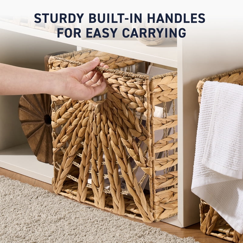 Ornavo Home 13 x 13 Inches Water Hyacinth Seagrass Storage Basket Set of 8 | Natural Handwoven Cube Organizer Bins with Handles for Shelves, Closets, Living Room, Bedroom, Pantry and Laundry