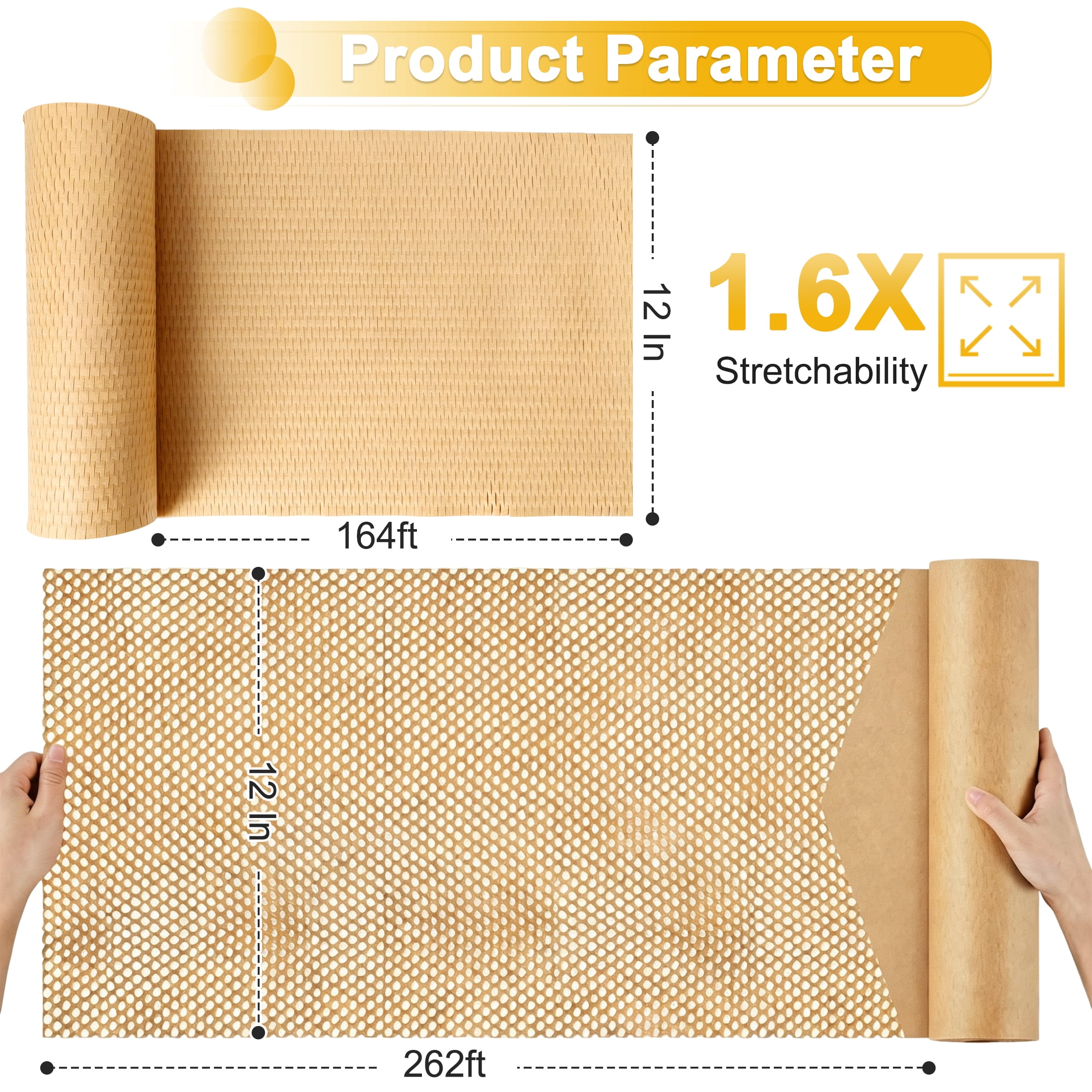 2 Pack Honeycomb Packing Paper, 12" x 164' Honeycomb Wrapping Paper Roll, Stretchable Cushioning Wrap, Protective Packaging Paper, Shipping Buffer Paper for Fragile Items Moving Shipping