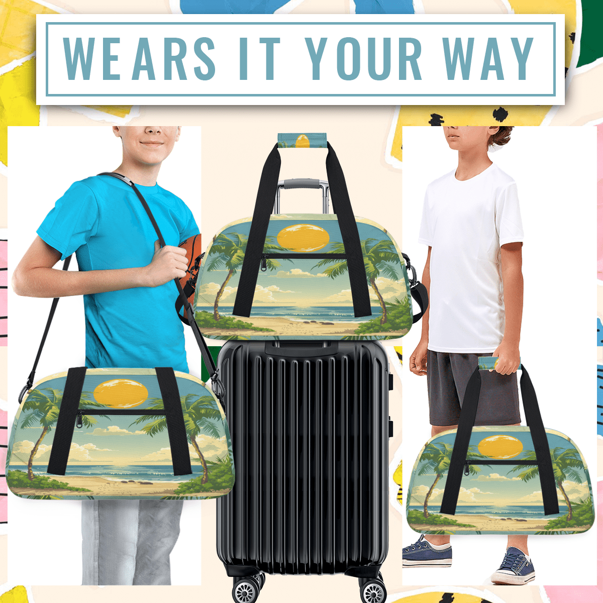 Herdesigns Tropical Beach Palm Tree Sports Duffle Bag for Women & Men, Coastal Nautical Gym Bag Dance Bag Overnight Bag Carry On Weekender Travel Bag