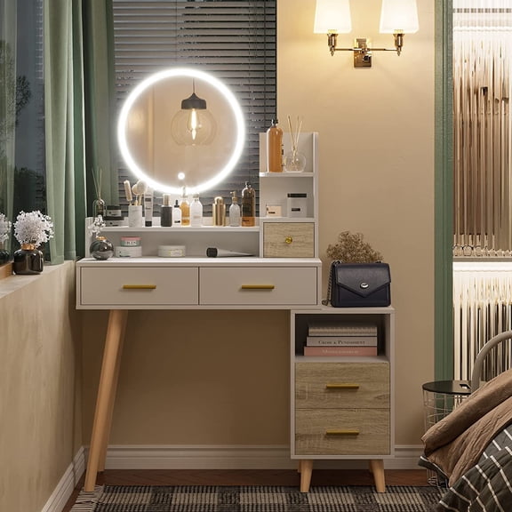 White Vanity Desk with Mirror and Lights,Makeup Table with 5 Drawers & Nightstand for Women Girls,Makeup Vanity with Lights in 3 Colors & Touch Screen