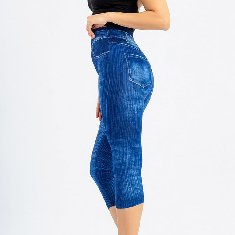 High Waisted Capri Leggings for Women Fashion Brushed Faux Denim Pull on Yoga Workout Casual Stretch Pants S 3XL Small Blue Walmart