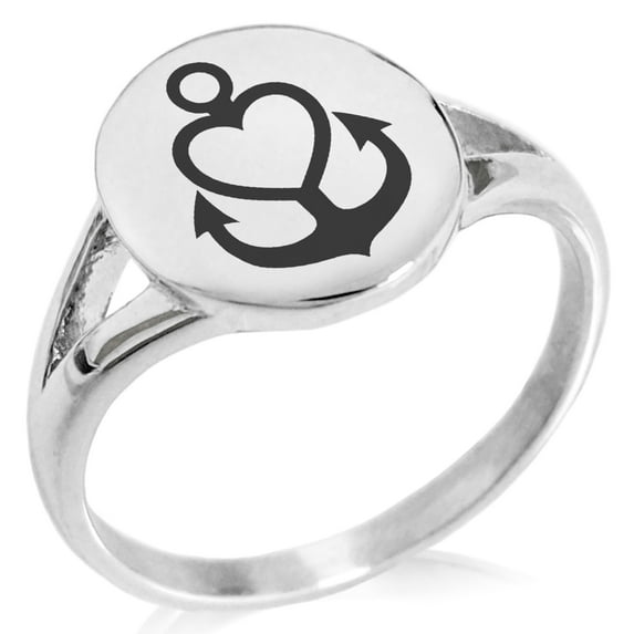Stainless Steel Nautical Heart Anchor Minimalist Oval Top Polished Statement Ring