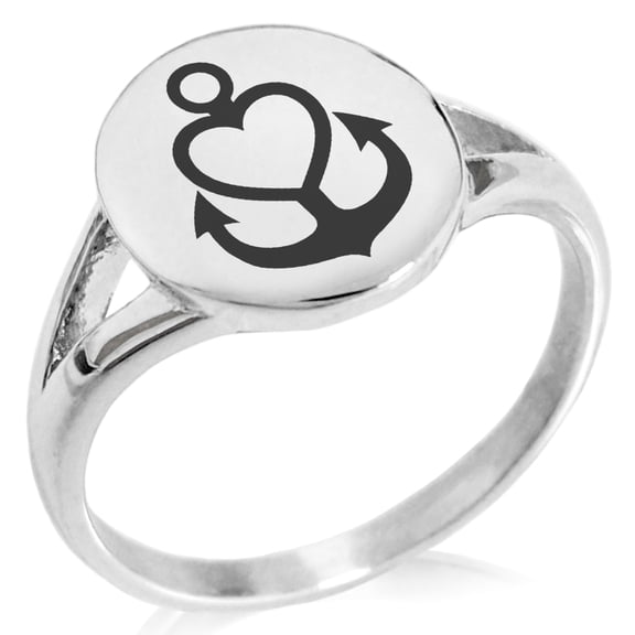 Stainless Steel Nautical Heart Anchor Minimalist Oval Top Polished Statement Ring
