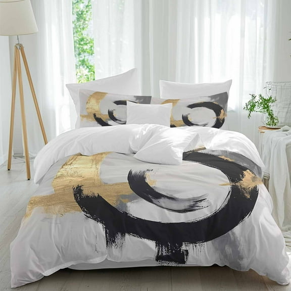 Abstract Gold Black 4 Piece Duvet Cover Set Full Size round Watercolor Soft Bedding Set Comforter Cover, 1 Duvet Cover 1 Flat Sheets and 2 Pillowcases