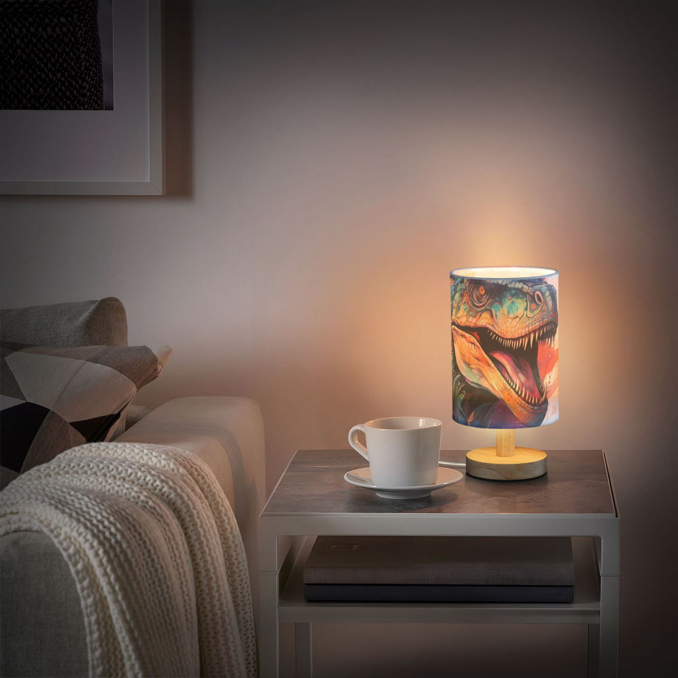 Dinosaur Colorful Table Lamp USB Bedside Desk Nightstand Lamp Printed Gifts Small Lamp Wood Base for Bedroom Living Room Kids Room College Dorm
