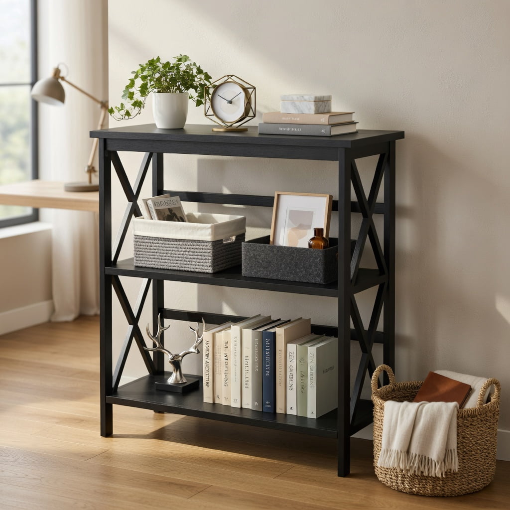 Spaco 3-Tier Wooden Multi-Functional X-Design Etagere Storage Bookshelf-Black, Tall Bookshelf, Shelves for Living Room, Home Office, Bedroom, Balcony