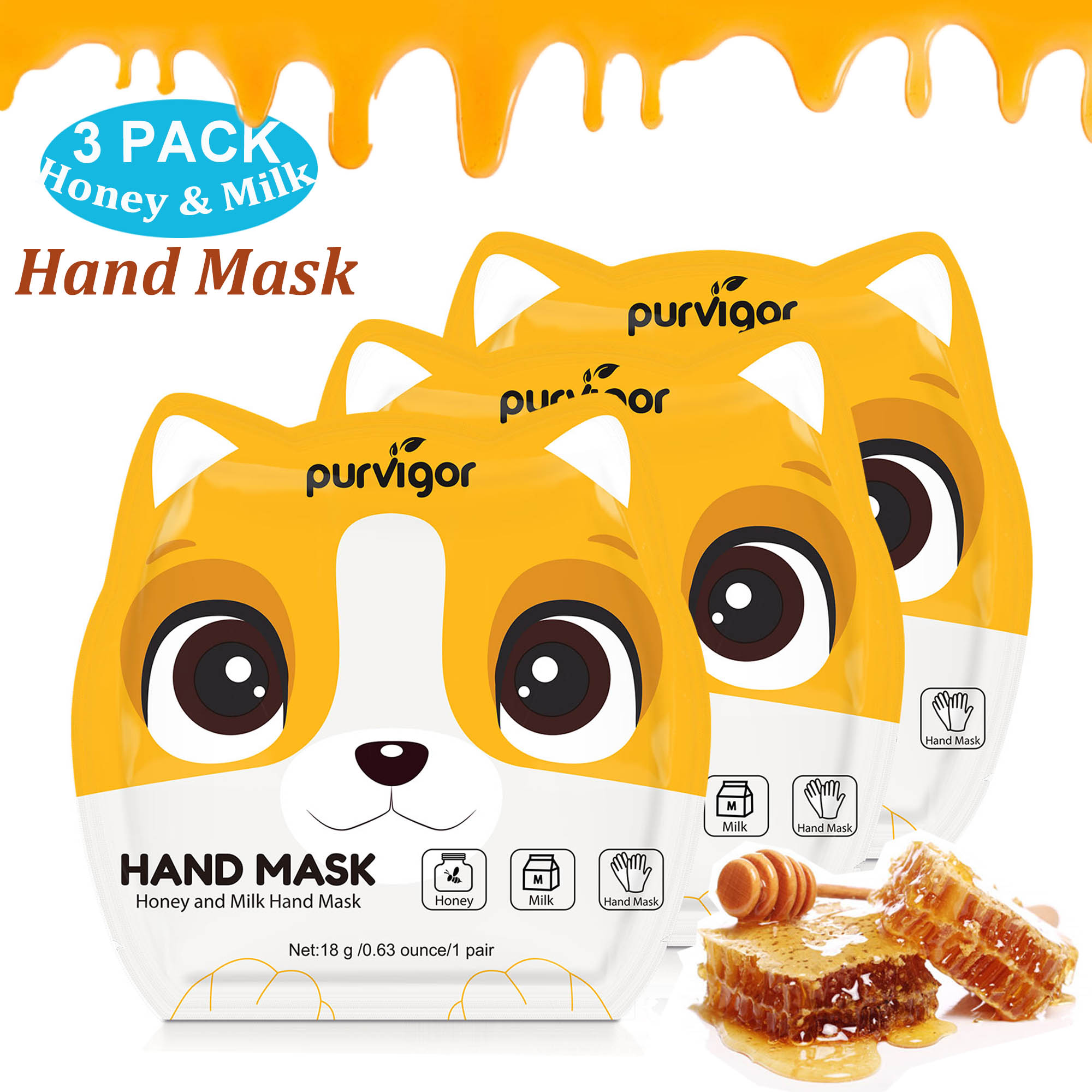 Purvigor Honey Milk Hand Mask Kitty Moisturizing Glove 3 Pack
