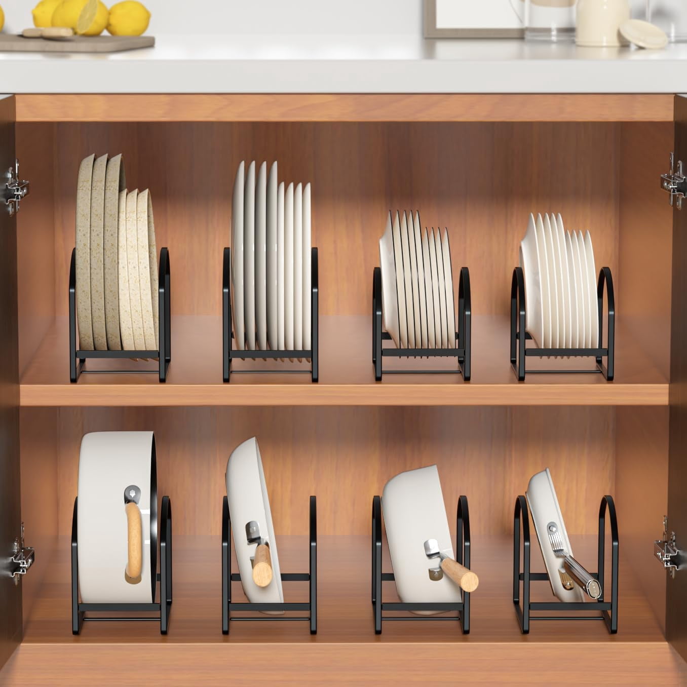 SUNFICON 4 Pack Plate Holder Organizer Large Dish Storage Rack Upright Dish Drying Racks Metal Plate Dish Racks Stand for Cupboard and Countertop-Non-Slip & Rustproof Black,2 Large and 2 Small
