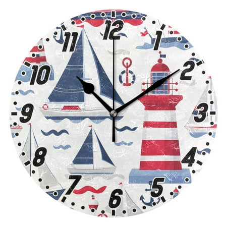 Lighthouse Wave Ship Round Wall Clock Battery Operated Silent Non-Ticking Bedroom Office Kitchen Home School Decor 10(Black)