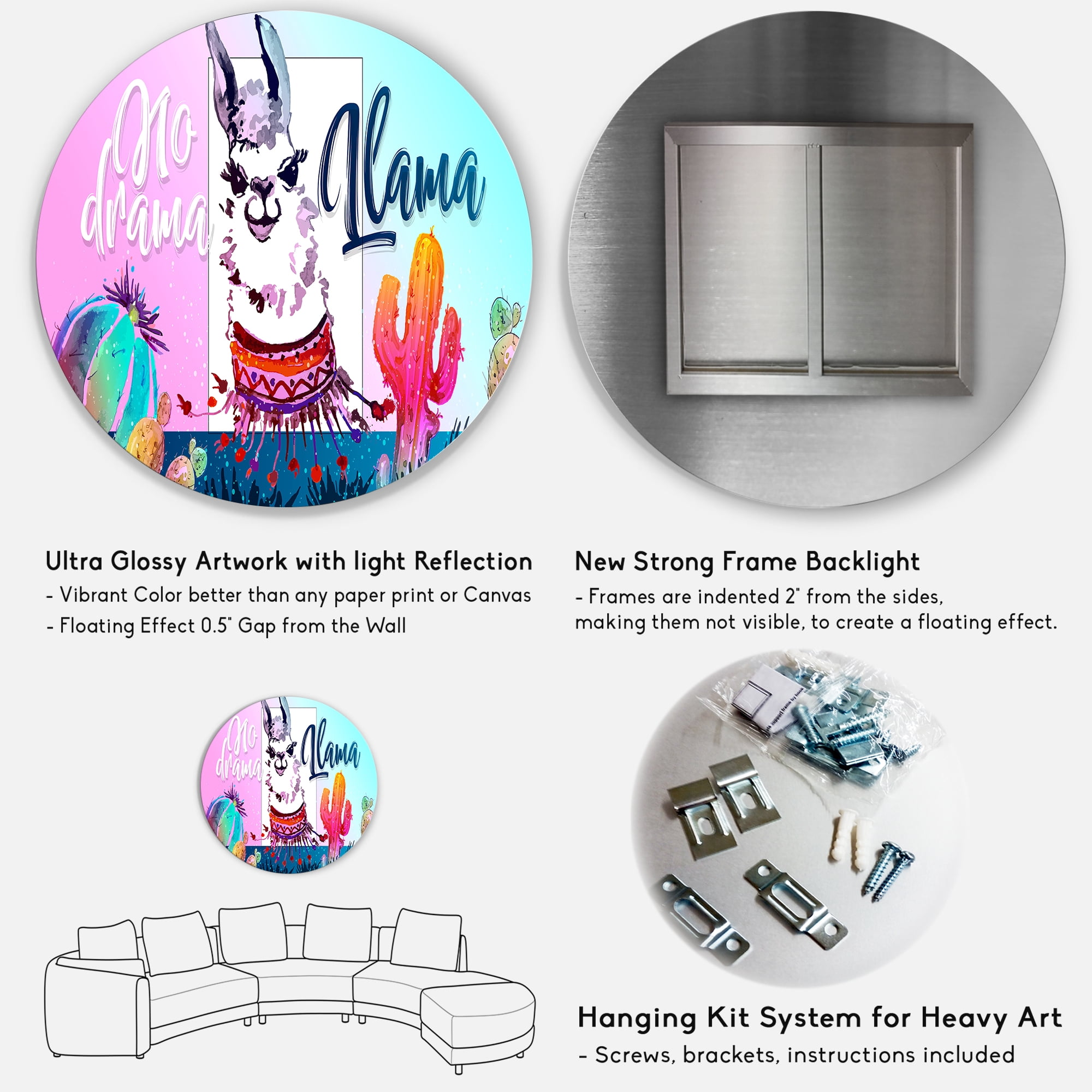 Designart 'No Drama and Colorful Llama' Children's Art Circle Metal Wall Art 36x36 - Disc of 36