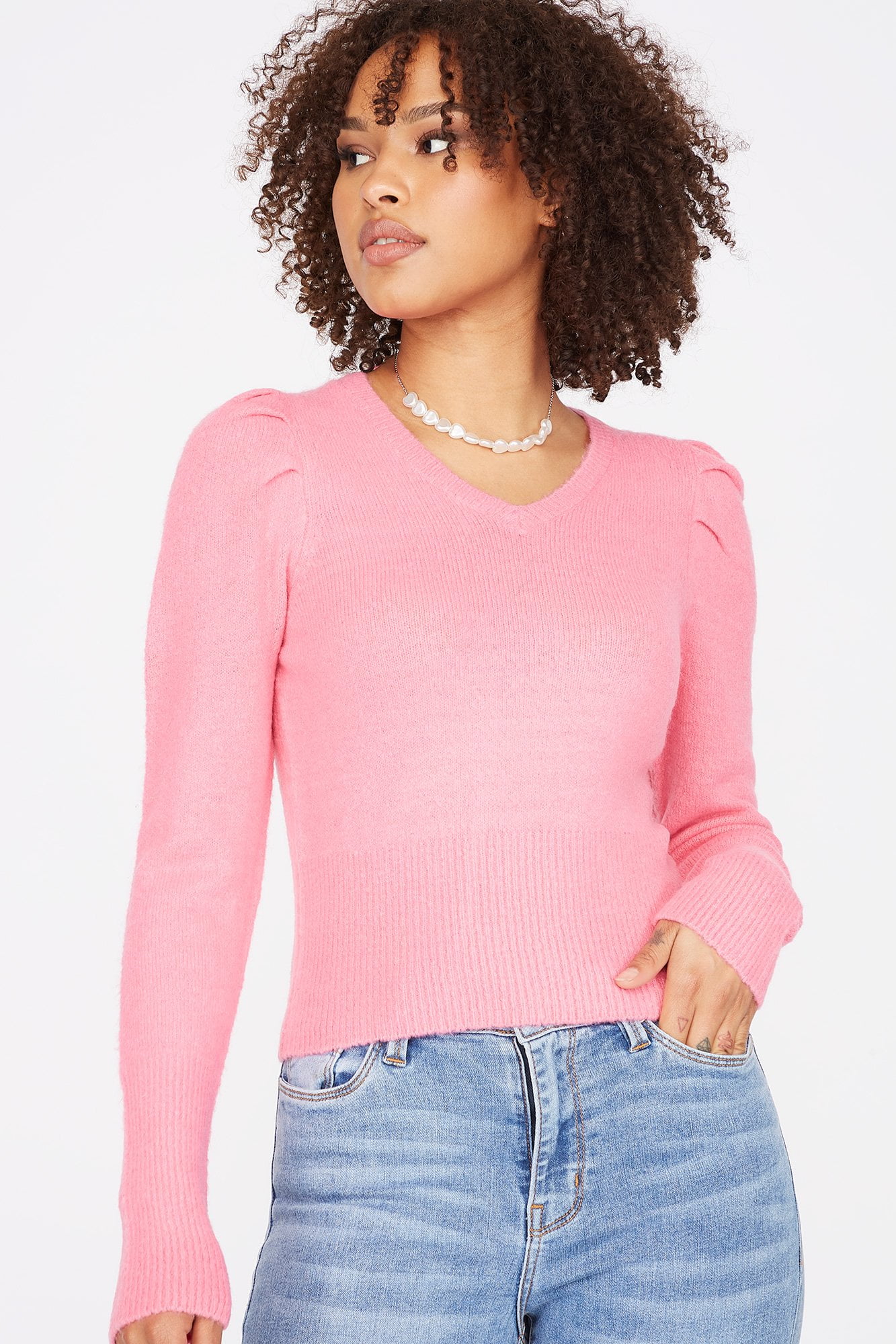 Urban Planet Women's Knit V-Neck Long Puff Sleeve Sweater | Walmart Canada