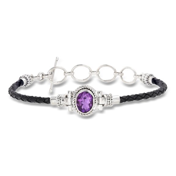 Ross-Simons 2.50 Carat Amethyst and Black Leather Toggle Bracelet in Sterling Silver, Women's, Adult