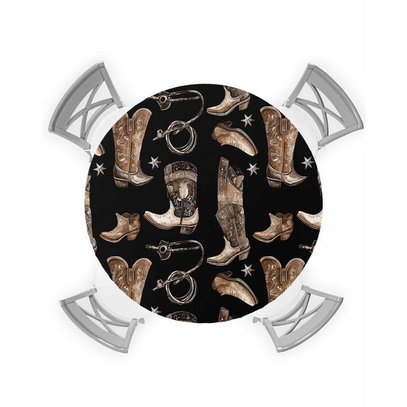 nqOlkjepod Brown Black Cowboy Round Tablecloth, Fitted Table Cover with Elastic for 55"-60" Round Tables, Country Western Vintage Table Cloth Outdoor Indoor Dinning Party Waterproof Tablecloths