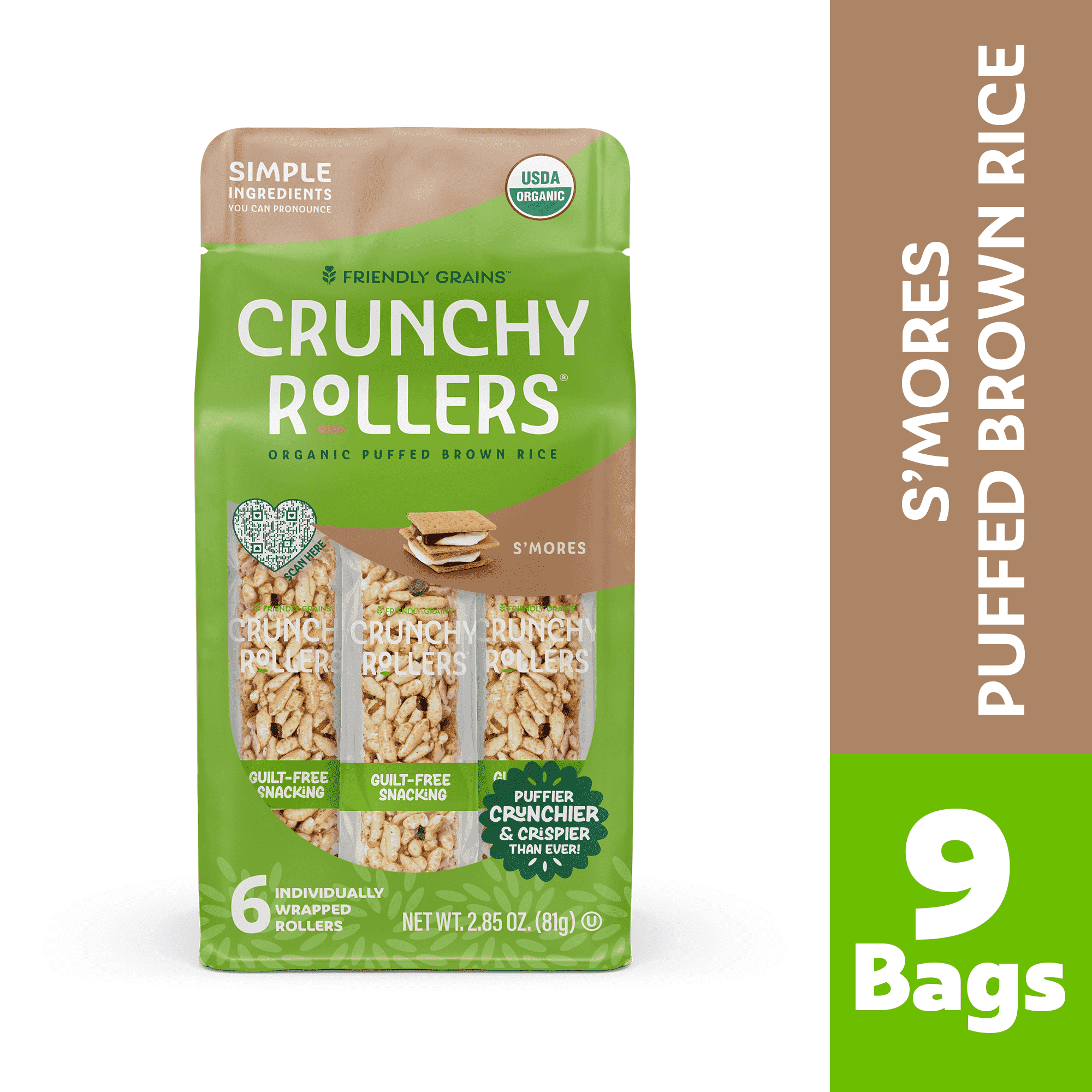 Friendly Grains Crunchy Rollers S'mores Gluten-Free Toasted Puffs, 9 Packs of 6, 2.85 oz
