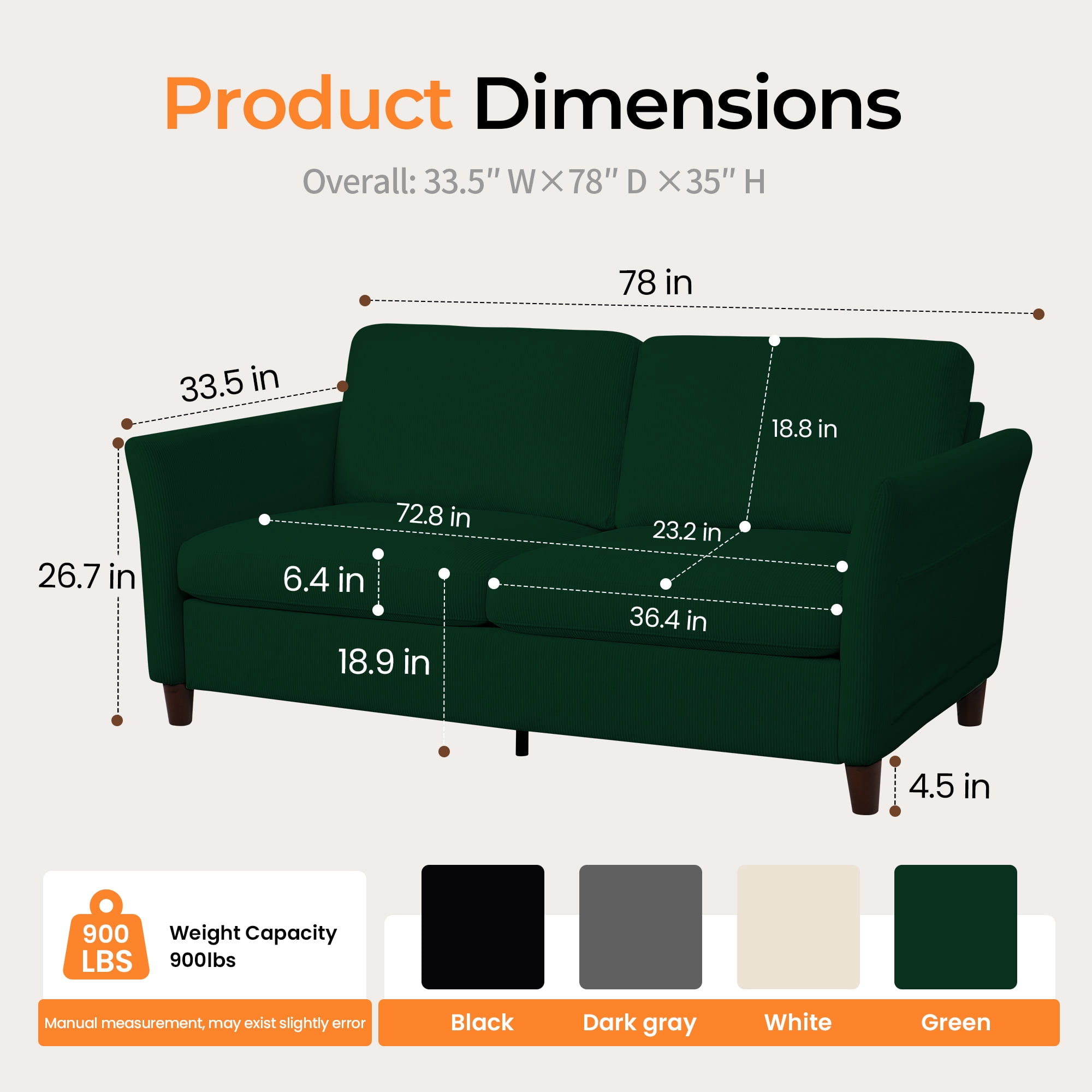 Poshby 79.1'' Comfy Couches Corduroy Sofas Loveseat 3-Seater with Side Pocket for Living Room, Green