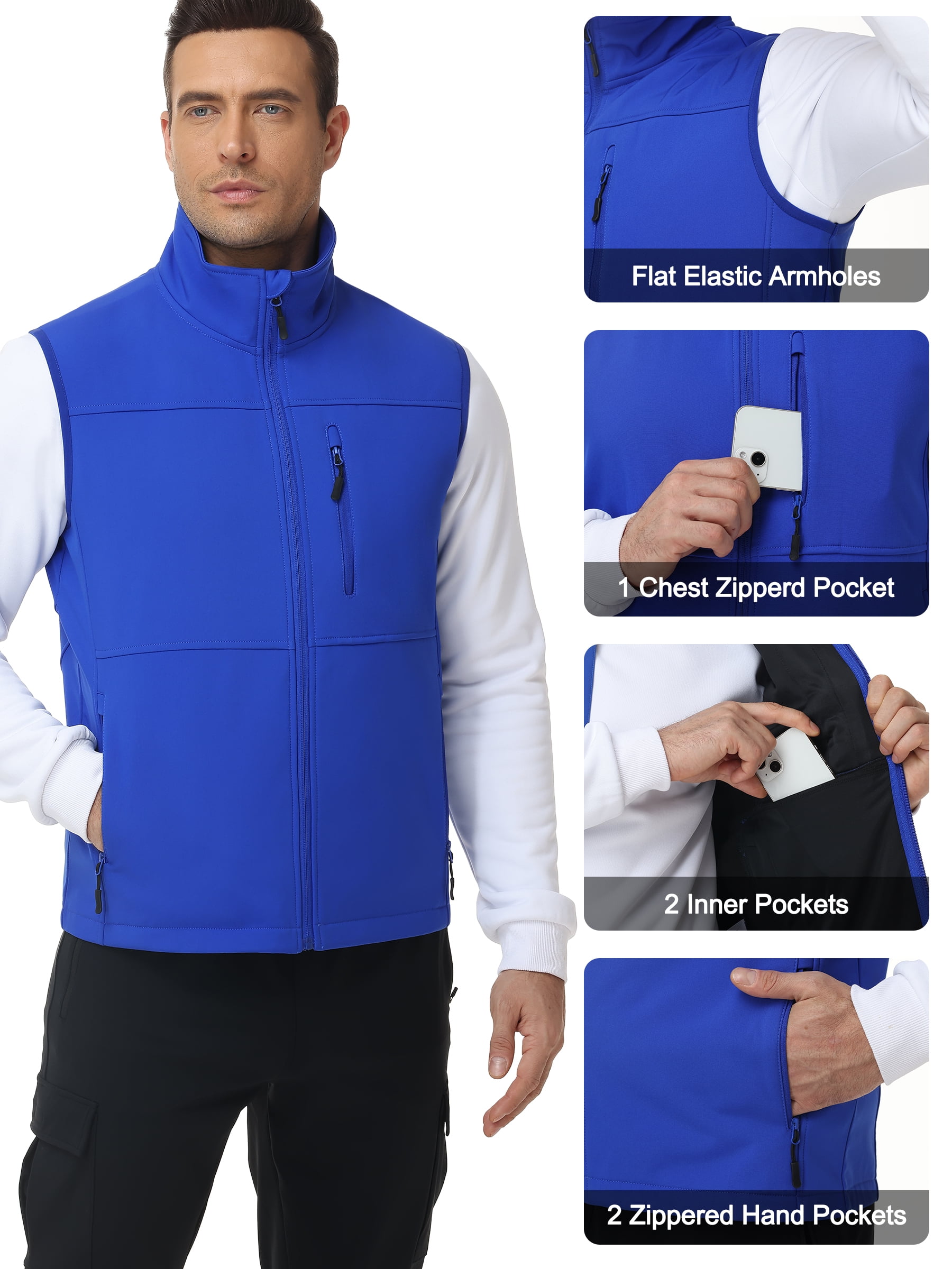 Muvtei Mens Lightweight Softshell Vest Windproof Sleeveless Outerwear Zip Up Jacket Fleece Lined Waterproof Vest Outerwear for Running Hiking Travel Blue-XL