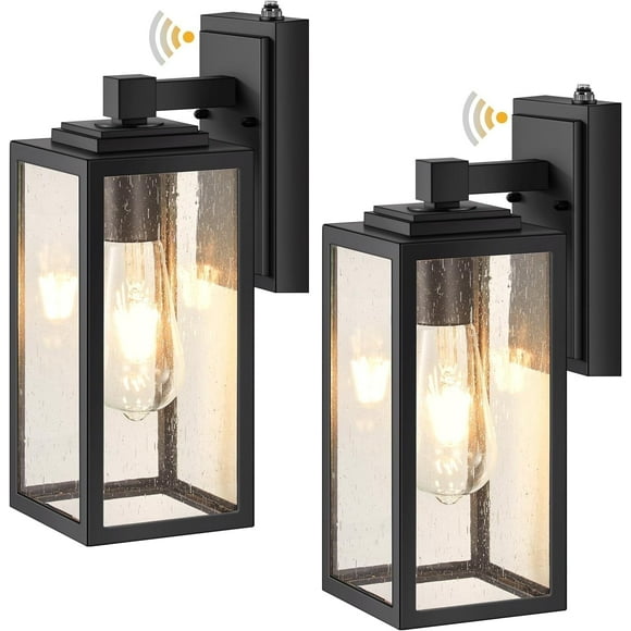 VIANIS 2 Pack Dusk to Dawn Sensor Outdoor Wall Lighting, Black Exterior Light Fixture Wall Mount for House, Anti-Rust Modern Outside Sconce Lantern with Tempered Seeded Glass for Front Porch, Garage