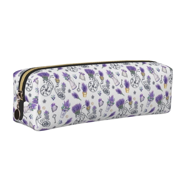 Easygdp Lavender Bicycle para Estuche de Lápices de Cuero, Estuche de Papelería de Cuero, Estuche de Gran Capacidad con Cremallera