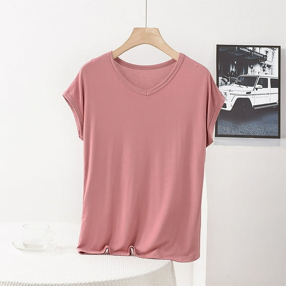 tarylea Plus Size Pajama Tops for Women Short Sleeve V Neck Solid Color T-Shirts Casual Loose Comfy Summer Lounge Tops