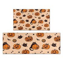 Halloween Cat and Pumpkin Pattern Kitchen Rugs Sets Of 2,Anti Fatigue Kitchen Mat Rugs Non Slip Washable,Decorative Kitchen Floor Mats for Kitchen,Sink,Laundry,17"x30" 17"x47"