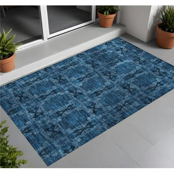 HomeRoots 563448 2 x 3 ft. Navy & Gray Floral Medallion Washable Non Skid Indoor Outdoor Rectangle Machine Woven Area Rug