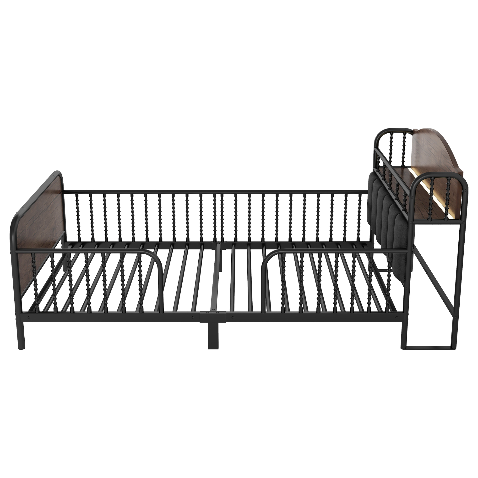 Euroco Metal Twin Size Platform Bed with Upholstered Headboard, Storage Shelves and LED Light, Black