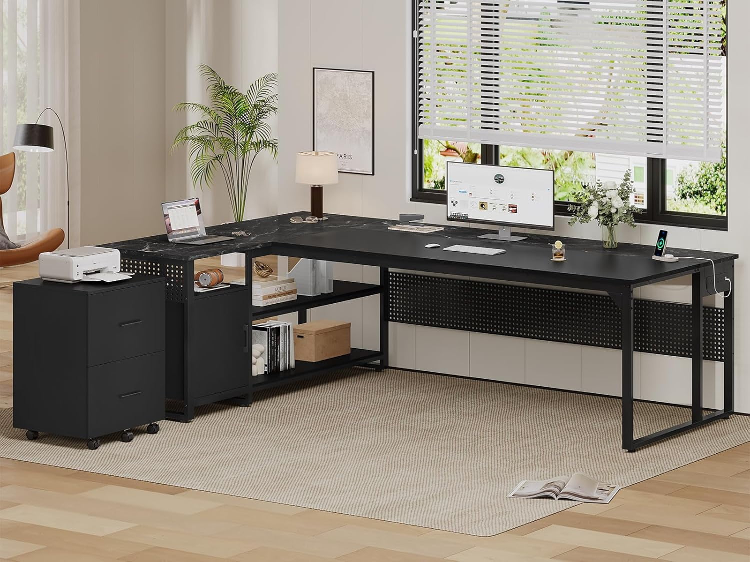 71" Executive Desk, Reversible L Shaped Desk with Mobile File Cabinet & Power Outlets, Large Office Desk with Drawers, Storage Shelves, Hooks, Corner Computer Desk for Home Office (Black)