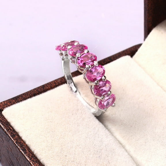 Pink Sapphire Wedding Band for Women, Pink Sapphire Gemstone Anniversary Ring, Half Eternity September Birthstone Ring