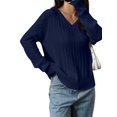 thumbnail image 3 of Women Long Sleeve Cable Knit Sweater Fashion V Neck Fitted Pullover Top Business Casual Fall Outfits Navy Blue XL, 3 of 7