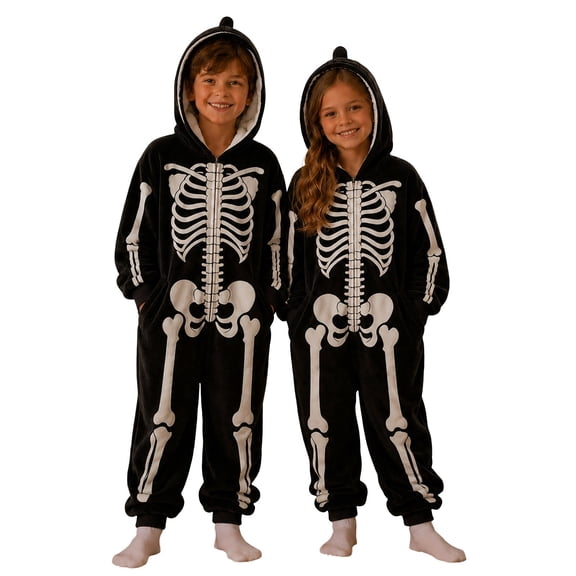 REDARER Kids Skeleton Hooded Onesie Full Zip with Pockets for Trick or Treat Halloween Party Cosplay Casual Loungewear Pajama Outfit,8-9 Years