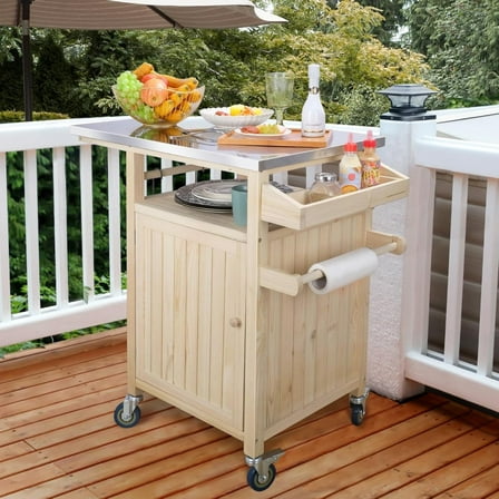 Outdoor Grill Table, Portable Grill Cart with Stainless Steel Top and Wheels for Kitchen Prep and BBQ, Outdoor Storage Cabinet for Grilling ，Solid Wood (Natural-small)
