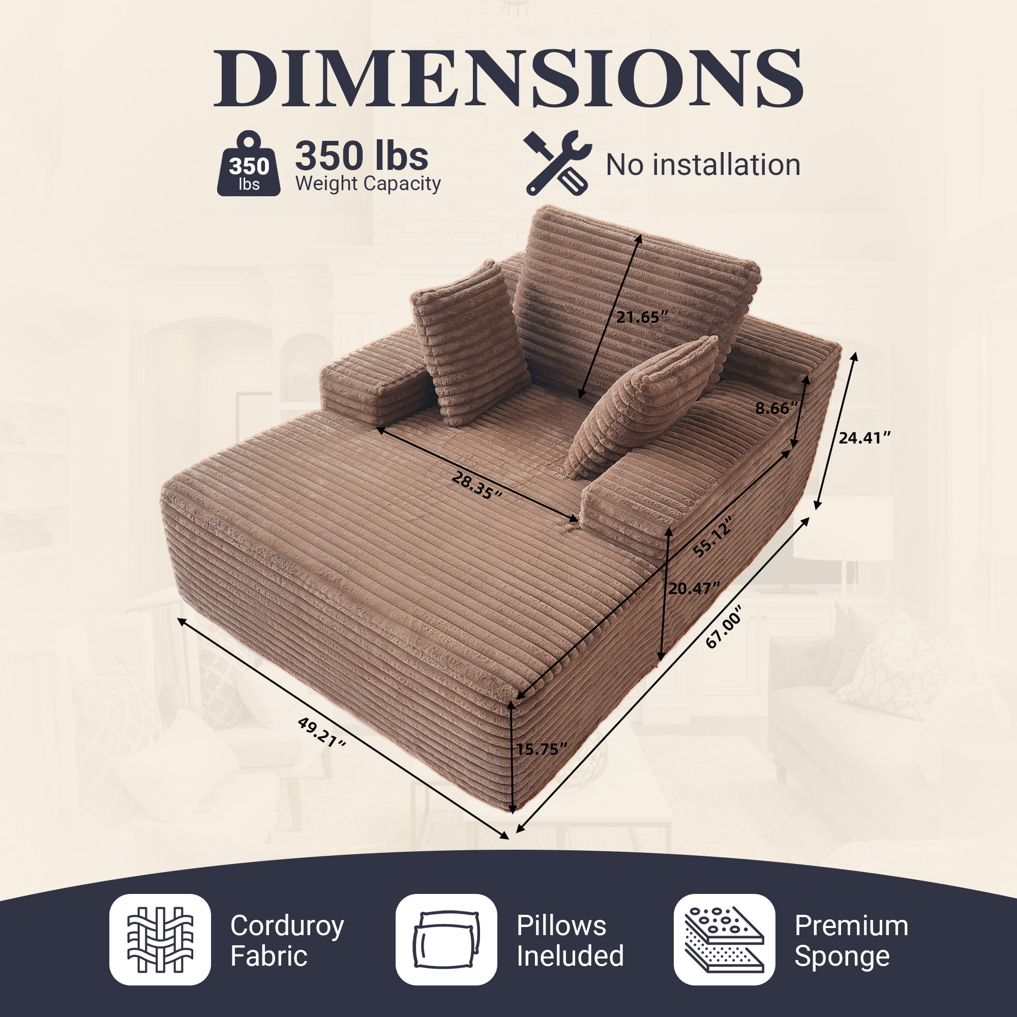 Sodrens 67" Oversized Chaise Lounge Chair Indoor,Cloud Plush Corduroy Upholstered Sofa Bed,Modern Deep Seat Sofa with Back Cushion,Pillows,Cozy Sleeper Couch for Living Room,Brown