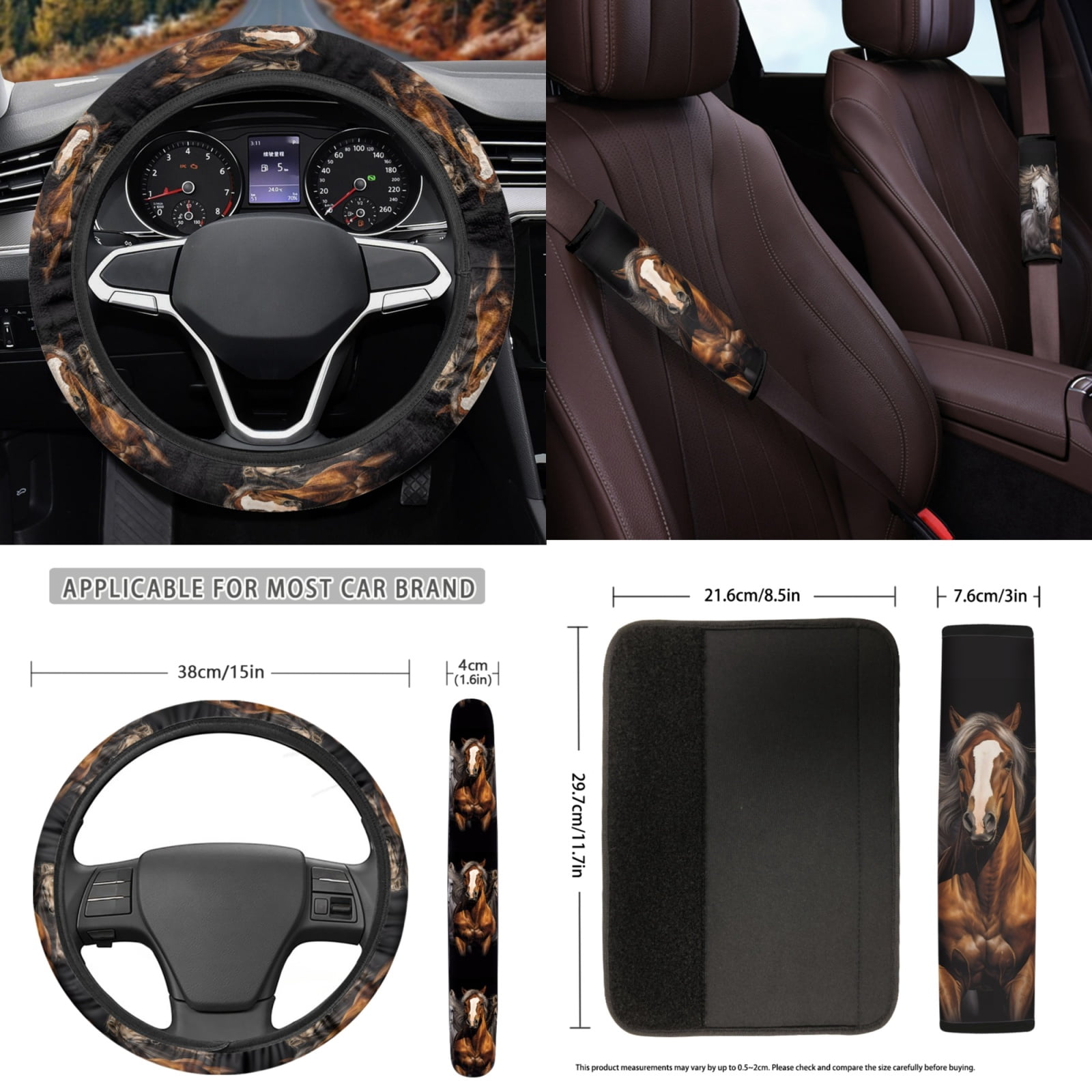 Yuyamidu Southwest Horse Car Accessories Sets with Car Seat Covers Black Car Floor Mats Steering Wheel Cover Seatbelt Pad Handbrake Cover Gear Shift Knob Cover Cup Mat, 15 Pack