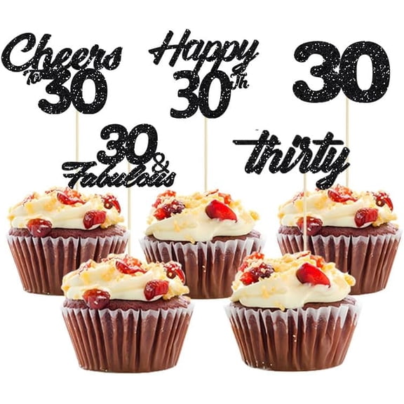 12pcs Pink 30th Birthday Cupcake Toppers Glitter Thirty Happy 30th Cupcake Picks for Cheers to 30 Years Wedding Anniversary Party Decoration Supplies